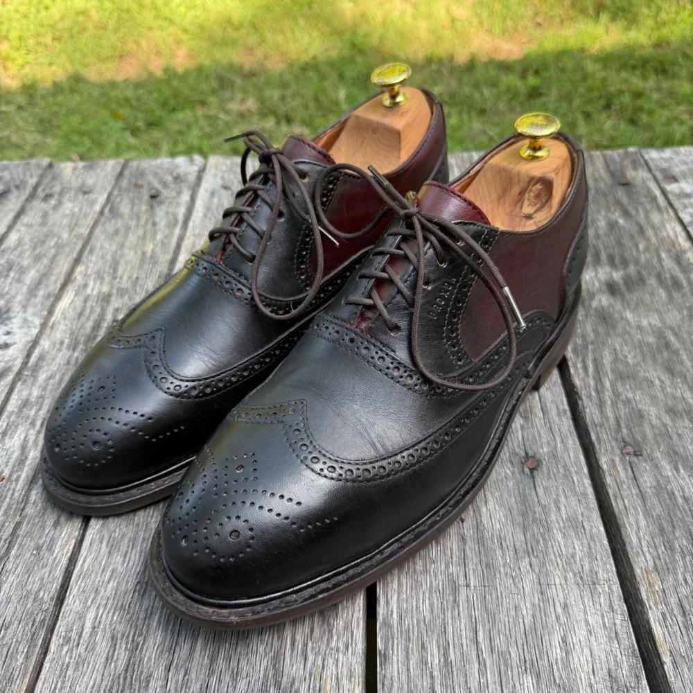 Proxon Mens Steel Toe Wingtip Oxford Shoes Black Burgundy Leather 9.5 MEX 27.5